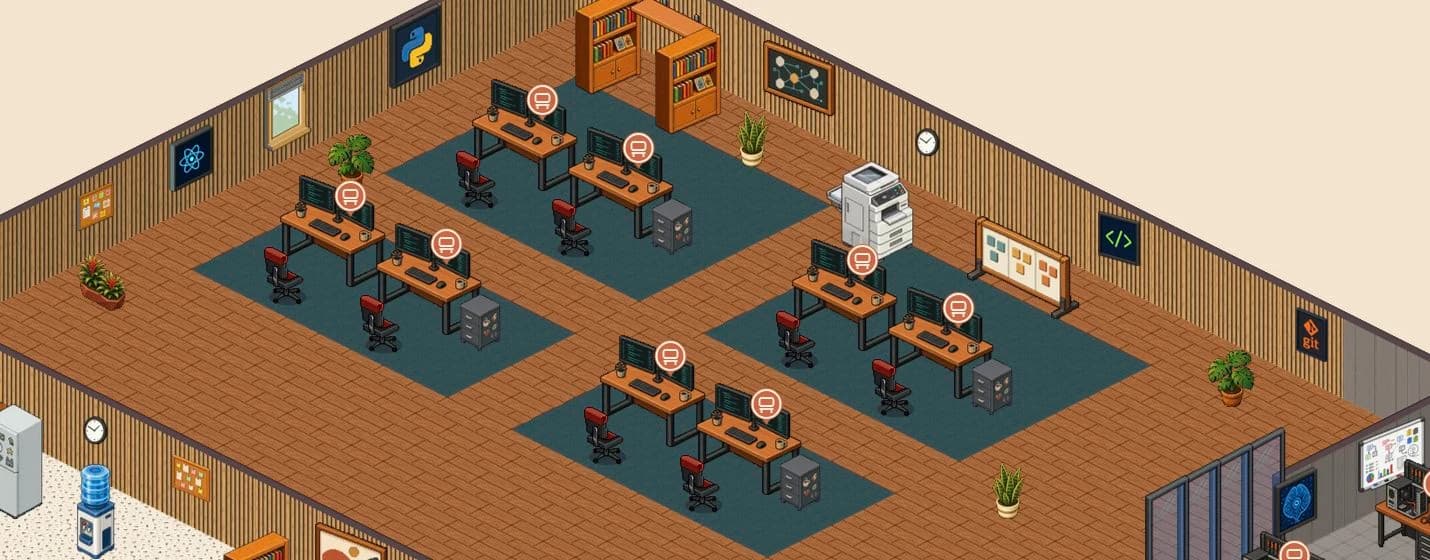 Mesas e espaços de trabalho do escritório virtual Coffezin